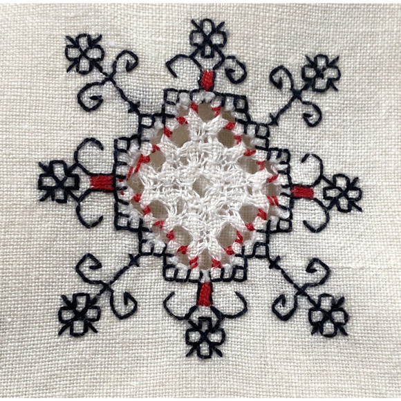 Vintage Set of 8 Cloth Napkins Creamy White Cotton Red Black Embroidery Cutwork - Picture 5 of 7